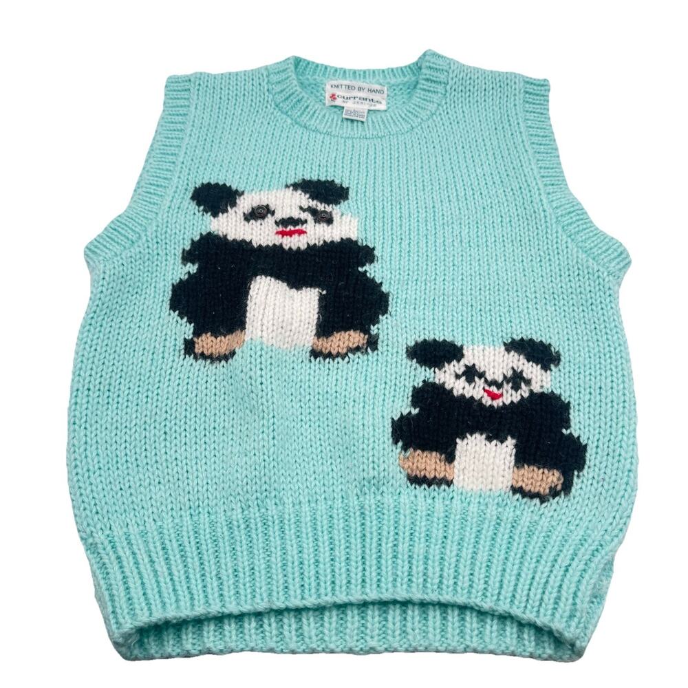 Vtg 80s L Currants Hand Knit Pink Knitted Panda Bear Vest Chunky Statement Rare